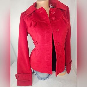Tulle Red Pea Coat with Button Detail